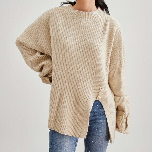 乐天商城 - モックネック スリット リブ ニット プルオーバー トップス 長袖 ドロップショルダー レディース 女性 秋 冬 ウールタッチ 単色 ワンカラー 無地 あたたかい オーバーサイズ ゆったり 着丈長め 体型カバー 抜け感 かわいい おしゃれ 大人っぽい