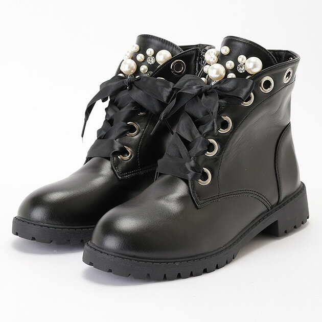 ビジュー リボン レースアップ ショート ブーツ 靴 シューズ ラウンドトゥ 女性 レディース 秋 冬 レザー調 トラックソール 低ヒール ハトメ パール 歩きやすい おしゃれ かわいい トレンド 甘辛 サイドファスナー ガーリー モード おでかけ