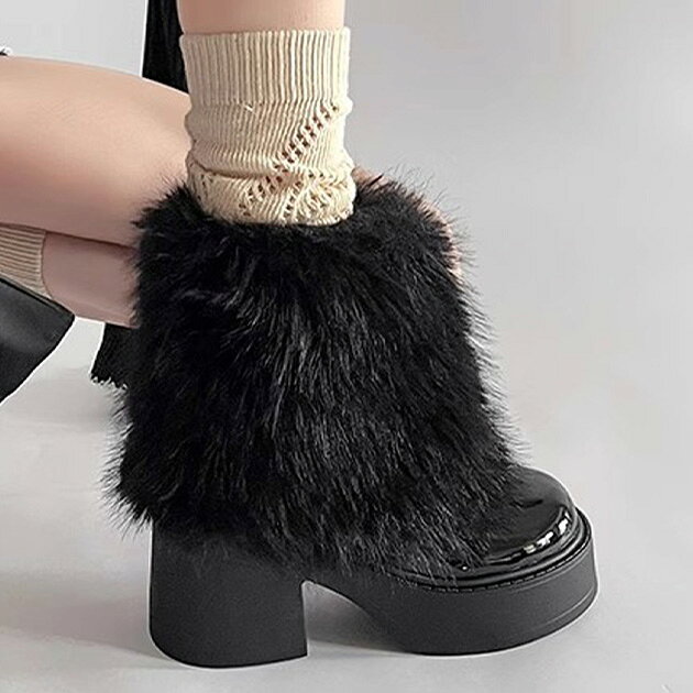 レザー調 ファー レッグカバー ショート ブーツ 靴 シューズ ラウンドトゥ 女性 レディース 秋 冬 異素材 単色 ワンカラー ボリューム ..