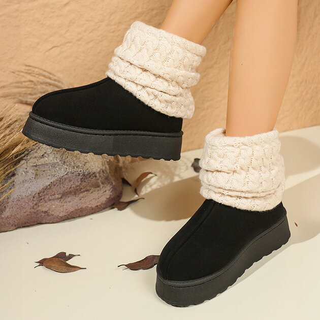 スエード調 ニット ドッキング ショート ブーツ シューズ 靴 ラウンドトゥ 女性 レディース 内側ボア 配色 バイカラー ボリューム プラ..