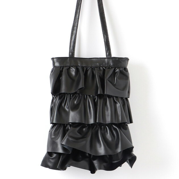 フェイクレザー ティアード フリル スクエア トートバッグ 女性 レディース ハンド 肩掛け 合皮 可愛い キュート 華やか アクセント 単色 無地 シンプル 上品 フェミニン カジュアル デイリー サブバッグ ショッピングのサムネイル