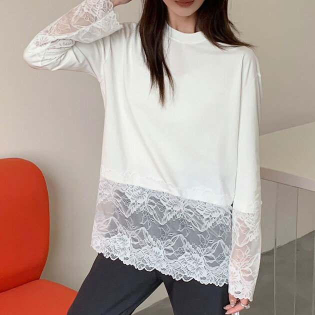 乐天商城 - レース ドッキング クルーネック 長袖 ブルオーバー 女性 レディース トップス 春 秋 冬 カットソー 単色 無地 インナー 透け感 シアー カジュアル フェミニン クラシカル 上品 華やか スカラップ 薄手