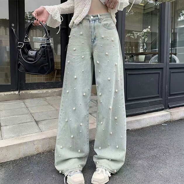 ウォッシュ加工 ハイウエスト パール付き ワイド デニム パンツ ボトムス 女性 レディース 春 夏 秋 冬 オールシーズン 淡色 抜け感 ハイウエスト 脚長効果 ゆったり リラックス トレンド おしゃれ カジュアル ストリート モード デイリー おでかけ