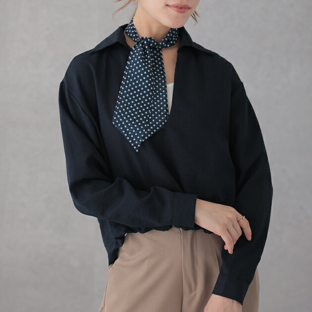 乐天商城 - スキッパーネック ドット ボウタイ付き ドッキング トップス 長袖 ショート丈 ドロップショルダー 女性 レディース 春 秋 レイヤード 重ね着風 おしゃれ 裾ゴム 着映え フェミニン 大人っぽい 大人女子 きれいめ 上品 おでかけ デート オフィス