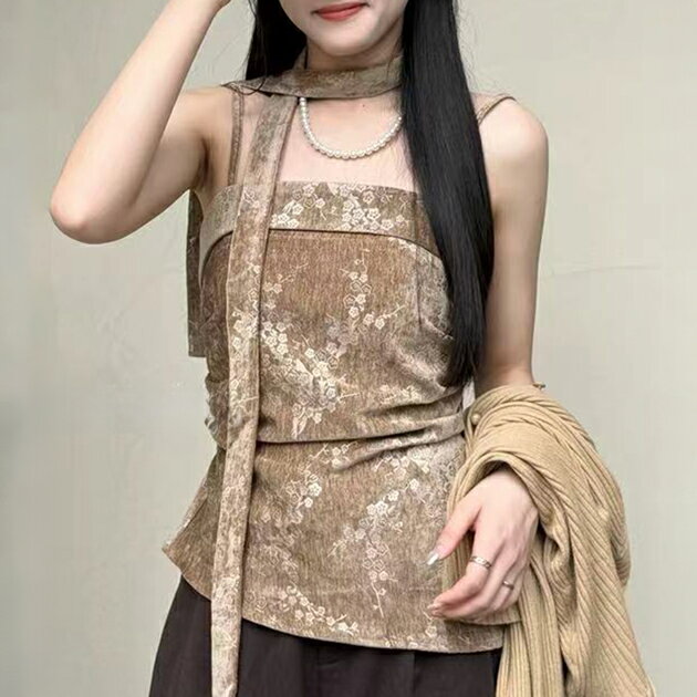 樂天商城 - 花柄 タイ付き ストレート キャミソール トップス 女性 レディース ノースリーブ セットアップ 春 夏 秋 冬 重ね着 タンクトップ フラワー 小花柄 和風 キラキラ ベロア ギャザー 細見え ウエストシェイプ