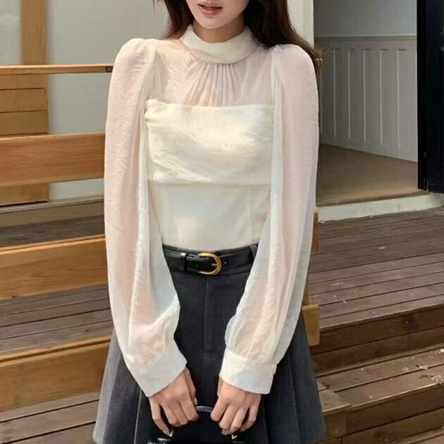 樂天商城 - 異素材 ドッキング 長袖 シアー トップス 女性 レディース プルオーバー 春 秋 冬 ブラウス 透け感 チュール 光沢 キャンディスリーブ スタンドカラー 華やか ドレッシー オケージョン 大人 フェミニン コンパクト ショート丈 ギャザー