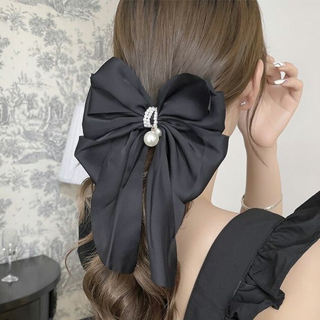 乐天商城 - サテン調 パール ビッグ リボン ヘア バレッタ ヘアアクセサリー 女性 レディース 春 夏 秋 冬 大きい ボリューム 上品 エレガント ドレッシー スイート キュート ガーリー 上品 大人っぽい 大人女子 きれいめ 華やか ドレッシー パーティー