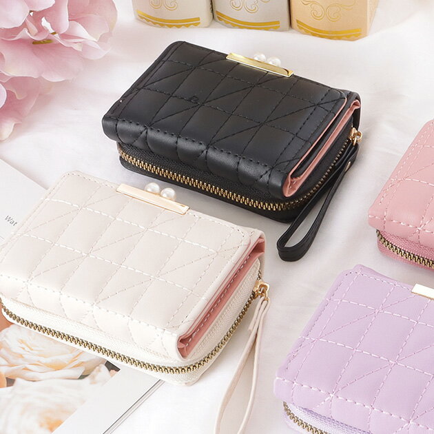 樂天商城 - レザー調 キルティング パール付き 三つ折り 財布 女性 レディース ウォレット コインケース 小銭入れ ギフト 合皮 フェイクレザー 定番 ベーシック 小さめ 収納力 カードケース 大人 上品 ミニ シンプル 可愛い スクエア