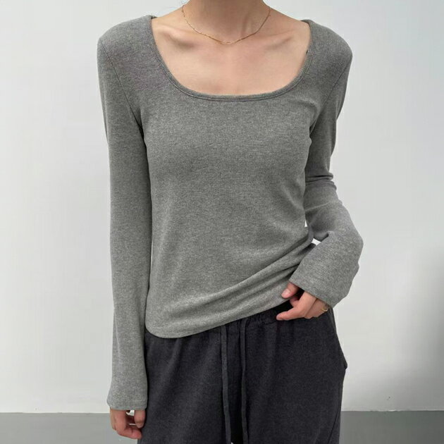 乐天商城 - ソリッドカラー Uネック 長袖 リブ プルオーバー 女性 レディース トップス カットソー 春 秋 冬 単色 バイカラー 無地 ラウンドネック デイリー カジュアル シンプル ミニマル インナー 着まわし 重ね着 丸首 ベーシック