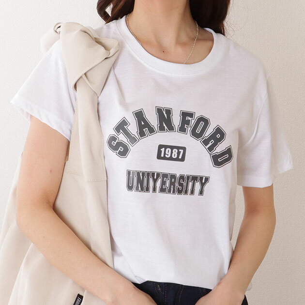 樂天商城 - カレッジロゴ プリント オーバーサイズ 半袖 Tシャツ 女性 レディース トップス プルオーバー カットソー 春 夏 秋 重ね着 レイヤード アメカジ ビッグシルエット 細見え スタイルアップ ゆったり リラクシー カジュアル アクティブ
