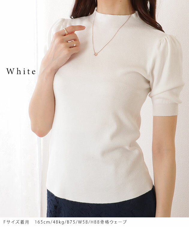 ハイネック パフスリーブ 半袖 ニット トップス 女性 レディース プルオーバー 春 夏 秋 単色 無地 ミニマル シンプル ベーシック 定番 スタンドカラー カジュアル 上品 きれいめ デイリー オフィス オンコーデ エレガント 単色 無地