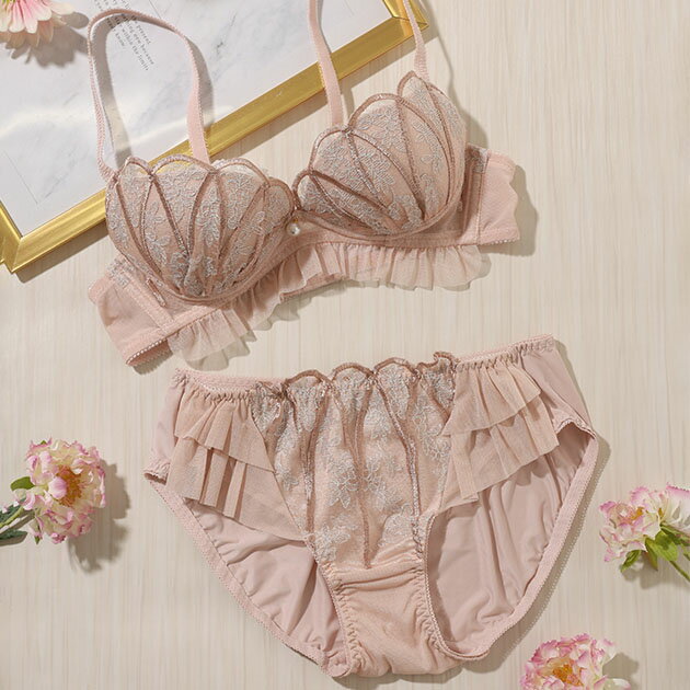 樂天商城 - 【2点セット】ティアード フリル シェル風 ブラ&ショーツ 女性 レディース インナー 下着 肌着 ブラジャー パンツ 春 夏 秋 冬 シアー シフォン レース 透け感 刺繍 ボタニカル柄 リーフ 花 ガーリー スイート パール 上品 3/4