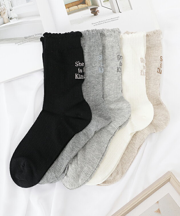 【5足セット】バック 刺繍 スカラップ ソックス 女性 レディース 靴下 シューズ 足元 春 夏 クルー丈 ショート丈 ミドル丈 ハート レターロゴ アルファベット 可愛い キュート メッシュ 通気性 韓国 単色