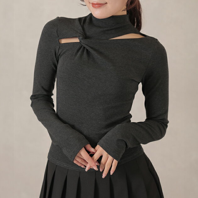 乐天商城 - コットン混 ハイネック ツイスト オープンカット トップス 長袖 女性 レディース 春 秋 冬 ロングシーズン 単色 ワンカラー 抜け感 細見え タイト ソフト 着回し おしゃれ トレンド 着映え クール かわいい 大人っぽい 大人女子 おでかけ デート