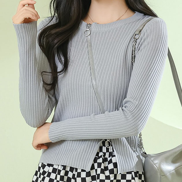 フロントジップ アシンメトリー 長袖 リブニット カーディガン 女性 レディース トップス 秋 冬 羽織り プルオーバー ファスナー 変形 クルーネック 丸首 フィット スリム スリット クロップド丈 単色 無地 着まわし カジュアルのサムネイル