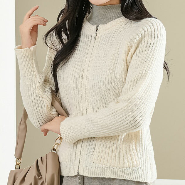 クルーネック ダブルジップ 長袖 リブ ニット カーディガン 女性 レディース セーター 秋 冬 トップス アウター コート ジャケット 凹凸 テレコ 単色 無...