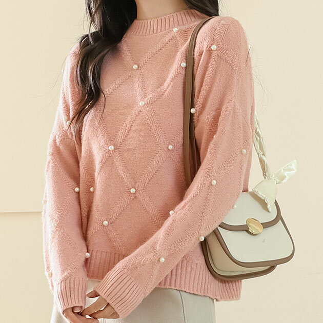 ビッグシルエット メニーパール ダイヤ柄 ニット プルオーバー 女性 レディース トップス セーター 秋 ..
