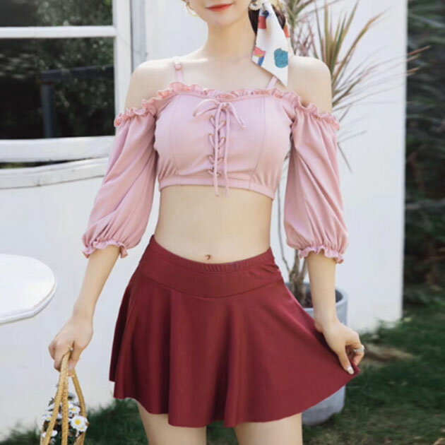 フロント レースアップ オフショル フリル スイムウエア 女性 レディース 水着 ラッシュガード ビキニ タンキニ 夏 海 プール リゾート パフスリーブ キャミソール スカート バイカラー 配色 無地 シンプル クラシカル レトロ 上品 大人 可愛い