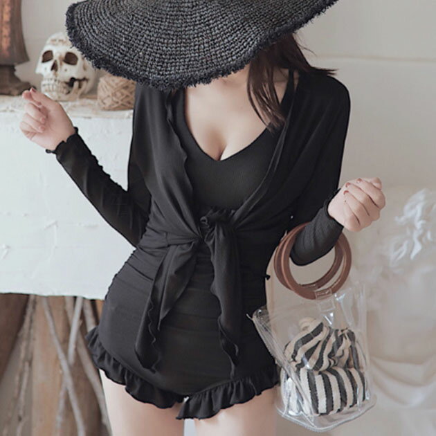 ソリッドカラーカーディガン付きリブ...