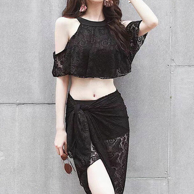 【3-Piece Set】 Women's American Sleeve Lace Bikini with Pareo - Swimwear, Rash Guard, Summer, Beach, Pool, Resort, Elegant, Sheer, Butterfly Design, Off-Shoulder, Cutout Dress, Skirt, Shorts, Flare Skirt