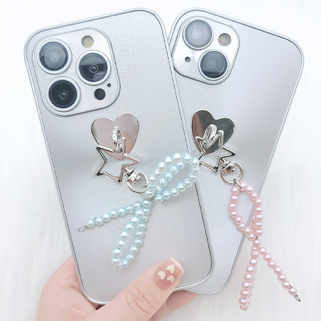 ボール リボン チャーム付き メタリック iPhone ケース 女性 レディース スマホ カバー スクエア 光沢 パール 星 スター キーホルダー 可愛い 華やか キュート ガーリー アクセサリー 保護 メッキ 未来 ハート