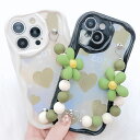 ウエーブライン 3D フラワーストラップ付き iPhone ケース 女性 レディース スマホ カバー アクセサリー 立体 配色 ツヤ TPU グリーン 花 ハー...
