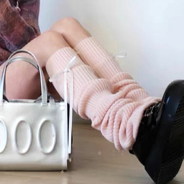 ソリッドカラー リボン付き ニット レッグ カバー 靴下 ソックス レッグウォーマー 春 秋 冬 シンプル ..