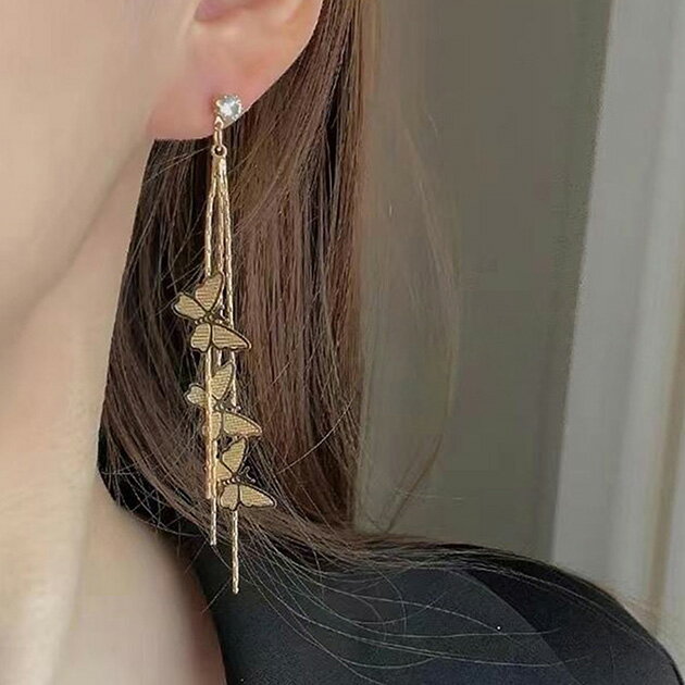メニー バタフライ ロング スイング ピアス 女性 レディース 耳飾り イヤリング アクセサリー ゴ