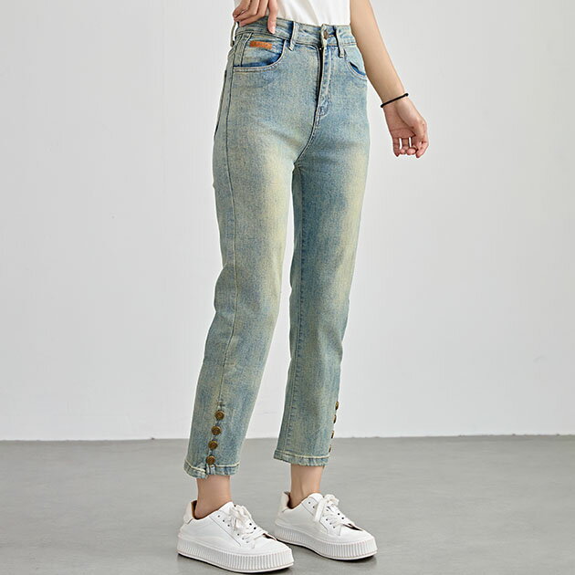 ハイウエストサイドボタン9分丈デニ...