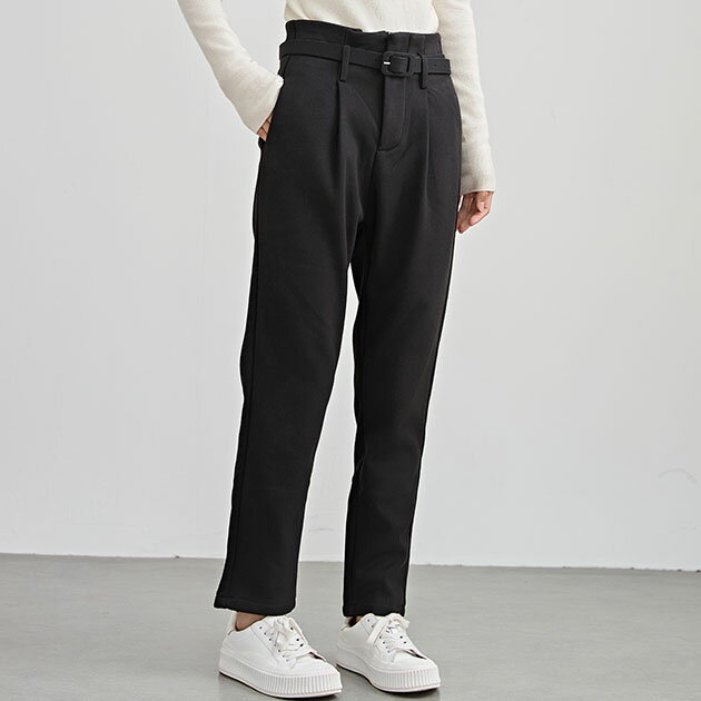 ハイウエスト ベルト付き 裏起毛 テーパード パンツ 女性 レディース ボトム ズボン 秋 冬 保温 温活 あったか 厚手 単色 無地 細見え 腰高設計 クロップド丈 くるぶし丈 シンプル ベーシック カジュアル きれいめ マニッシュ オンコーデ