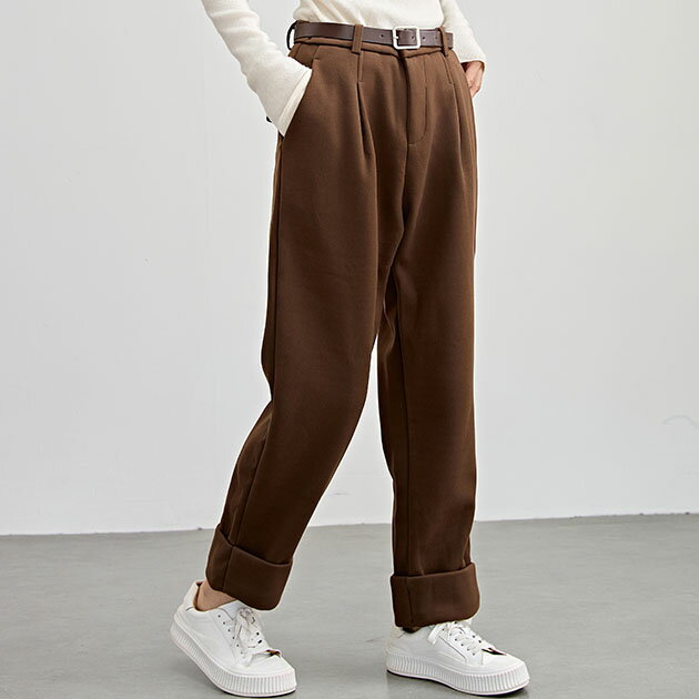 裏起毛 ストレート ロールアップ タック パンツ 女性 レディース ボトム ズボン 秋 冬 保温 温活 あったか 厚手 フリース 単色 無地 クロップド 折り返し きれいめ カジュアル オンコーデ クラシカル オフィス