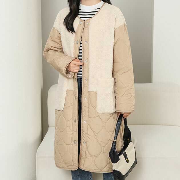 ノーカラー ボア ドッキング キルティング コート 女性 レディース 上着 アウター オーバー 秋 冬 防寒 羽織り カーディガン ウエーブ ロング ミディアム丈 カジュアル ミリタリー あったか 異素材 ボタン