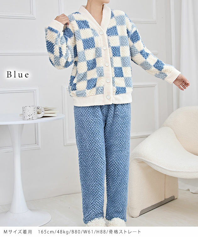 配色 チェック Vネック フリース ルームウエア 女性 レディース 女子 部屋着 パジャマ 秋 冬 前開き カーディガン 羽織り ゆったり リラクシー ふわふわ 毛布 厚手 保温 温活 可愛い ガーリー