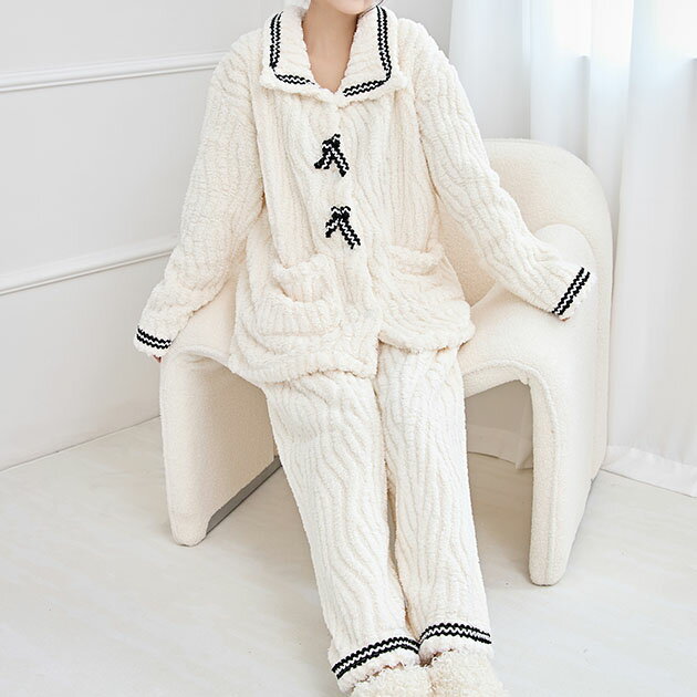 配色 リボン ウエーブ フリース ルームウエア 女性 レディース 女子 部屋着 パジャマ 秋 冬 前開き ボ..