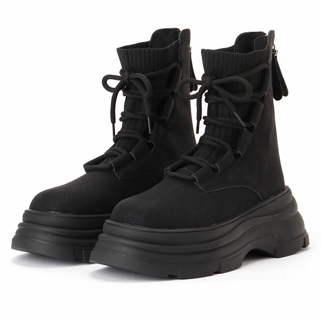 ニット ドッキング レースアップ 厚底 ショートブーツ 女性 レディース 靴 シューズ 長靴 秋 冬 合成皮..