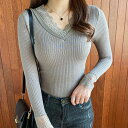 裏起毛 レース ドッキング Vネック ニット インナー 女性 レディース 下着 肌着 秋 冬 長袖 リブ あったか 保温 温活 フリース 防寒 タイト フィット 伸縮 弾力 単色 無地 伸びる シンプル ミニマル 可愛い フェミニン 部屋着 ルームウエア(4)