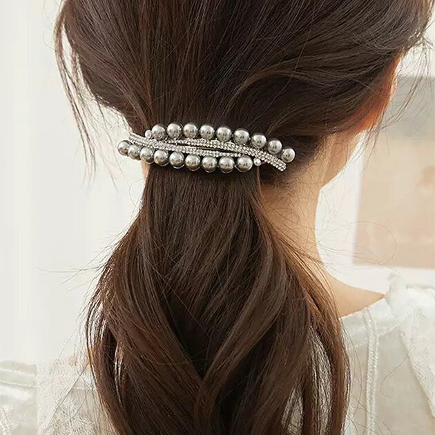 Rakuten - 2連 パール ラインストーン カーブ バレッタ 女性 レディース ヘアアクセサリー 春 夏 秋 冬 髪飾り ビジュー きらきら 華やか エレガント 上品 清楚 フェミニン 大人っぽい まとめ髪 アクセント ヘアアレンジ パーティー 結婚式 二次会