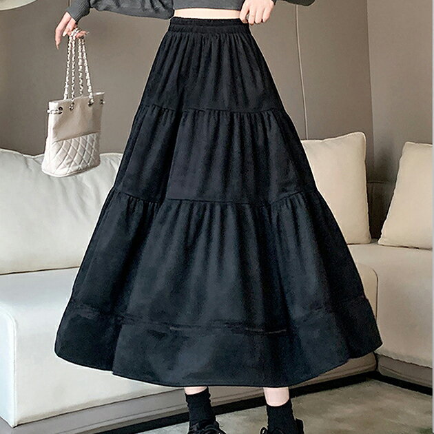 ベロア調 レース ティアード ロング スカート ボトムス 女性 レディース 秋 冬 単色 ワンカラー ギャザー フレア ウエストゴム 伸縮 楽ちん おしゃれ ロマンティック ガーリー スイート 甘め かわいい キュート 大人っぽい 大人女子 フェミニン