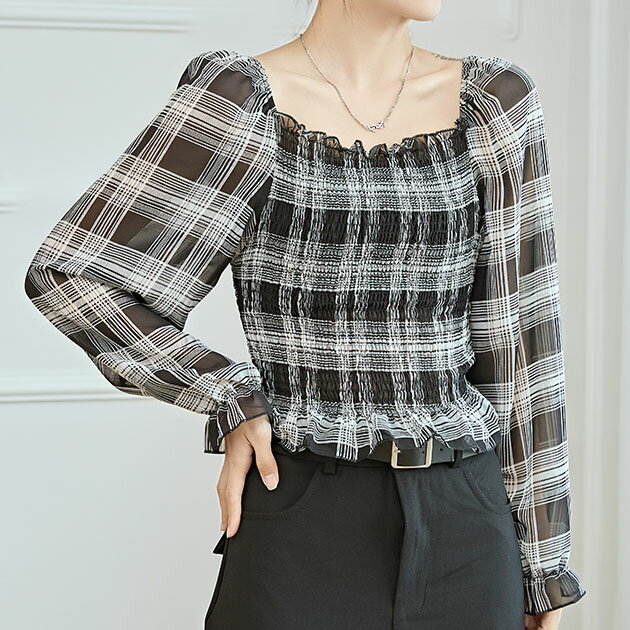 2WAY チェック柄 シャーリング クロップド トップス 女性 レディース ブラウス プルオーバー 春 夏 スクエアネック オフショルダー ギャザー フリル 透け感 シアー シフォン ヘルシー 涼しげ 清涼感 薄手 リボン カジュアル ガーリー 肌見せ