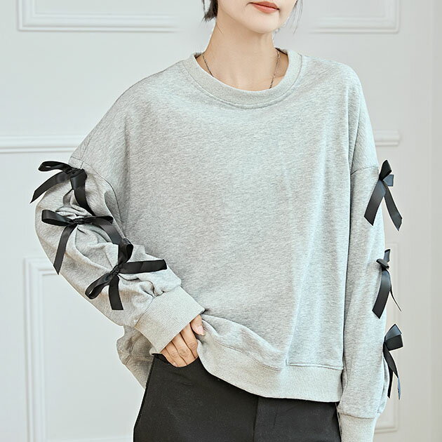 リボン付き ビッグシルエット 長袖 スウェット プルオーバー 女性 レディース トップス トレーナー 春 ..