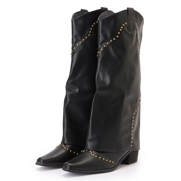 スタッズ付き レッグカバー風 ロング ウエスタン ブーツ 女性 レディース 靴 シューズ 秋 冬 合成皮革 ミドルヒール 太めヒール 安定感 ひざ下 エッジィ 辛口 カジュアル クラシカル 大人 ハイカット 着まわし シンプル 大人 フェイクレイヤード