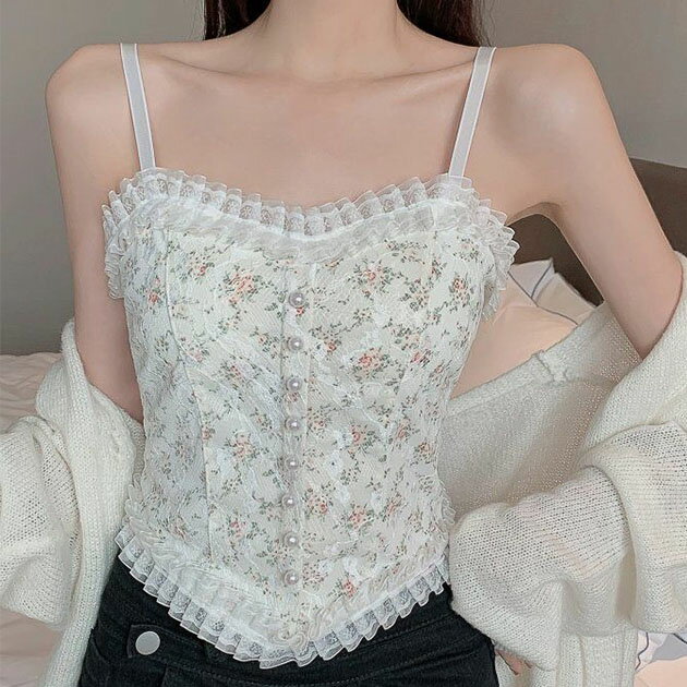 樂天商城 - 花柄 レース ハートネック パール付き ビスチェ 女性 レディース インナー 肌着 春 夏 秋 冬 フラワー エレガント 華やか フェミニン フリル シアー ボタン コンパクト ショート クロップド カップ付き ブラトップ セクシー
