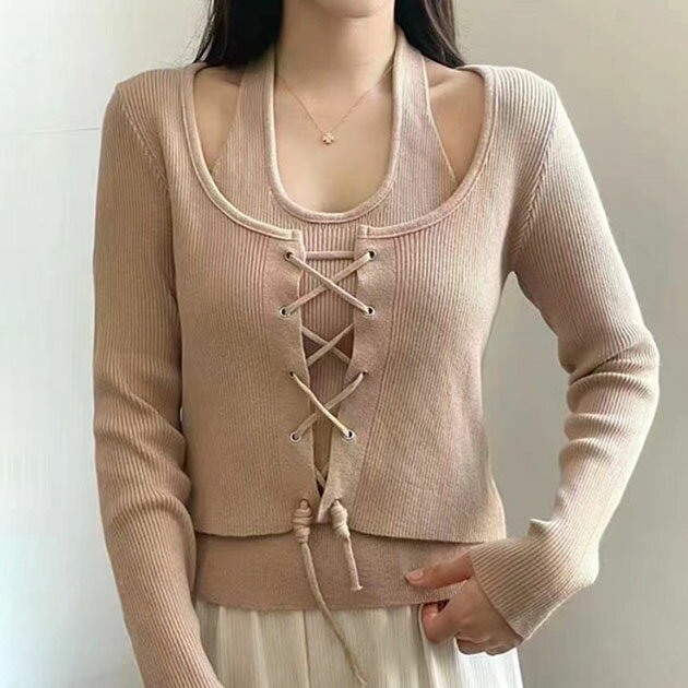 ホルター ドッキング レースアップ リブ トップス 長袖 Uネック レディース オフショルダー 春 秋 ショート丈 クロップド丈 肌見せ セクシー 細身 タイト モテ服 着映え 韓国ファッション 無地 大人カジュアル デート