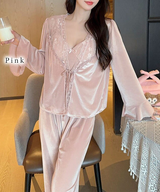ベロア キャミソール トップス パンツ 3点セット ルームウェア パジャマ カーディガン 長袖 ブラカップ付き レディース オールシーズン 透け感 シアー レース フリル フェミニン ガーリー リボン付き リラックスウェア