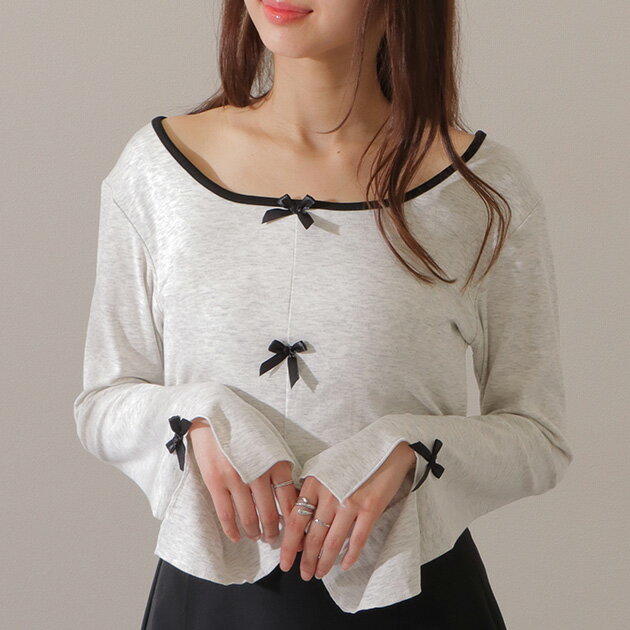 配色 クルーネック リボン付き カット プルオーバー トップス 長袖 丸首 レディース 春 秋 きれいめ おでかけ デート 着映え バイカラー スイート ガーリー キュート フェミニン 薄手 可愛い 韓国ファッション モテ服