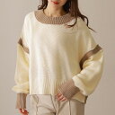 配色 ライン サイド スリット ニット プルオーバー 女性 レディース トップス セーター 春 秋 冬 ソフト ウォーミー 単色 無地 クルーネック ゆったり ラフ ゆるコーデ カジュアル リラクシー 体型カバー コンパクト