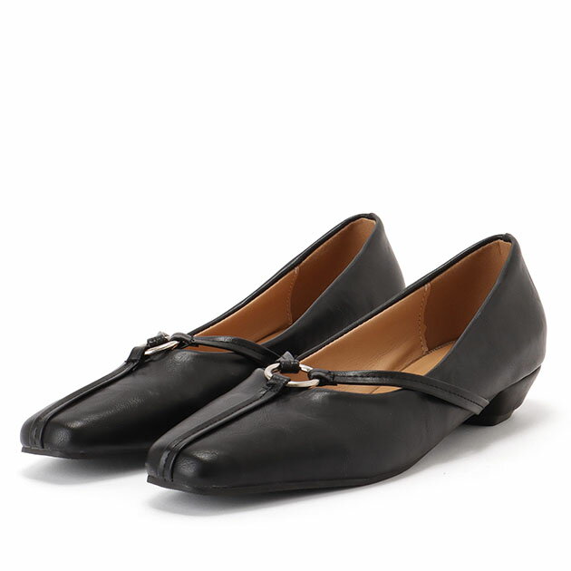 レザー調 スクエアトゥ ストラップ リング パンプス 女性 レディース 靴 シューズ 春 夏 秋 冬 合成皮..