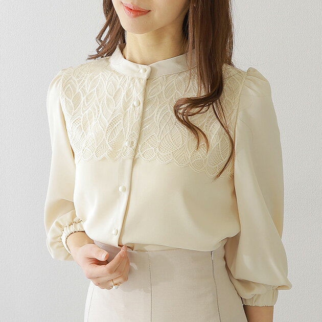 乐天商城 - バンドカラー レース レイヤード 7分袖 フレア ブラウス 女性 レディース トップス シャツ 春 夏 秋 単色 無地 上品オフィス セレモニー フォーマル ゆったり 体型カバー Aライン エレガント フェミニン 華やか