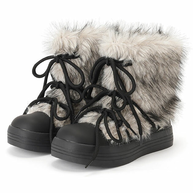 ファー リボン付き 厚底 ショート ブーツ シューズ レディース 秋 冬 フォックス調 異素材 バイカラー ..