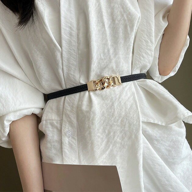 チェーン バックル スリム ゴム ベルト レディース オールシーズン 細ベルト 伸縮性 ウエストマーク フェミニン 上品 スタイルアップ パーティー 二次会 お呼ばれ 同窓会 女子会 きれいめ モード オフィスコーデ 韓国コーデ